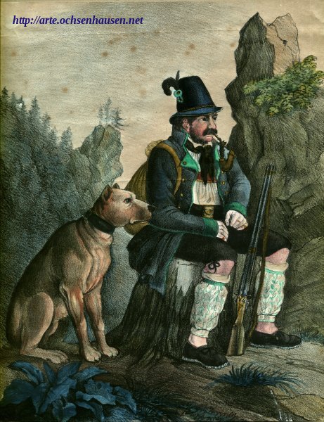 Antiquität: Jäger im Gebirge mit Hund, kolorierte Bleistiftzeichnung