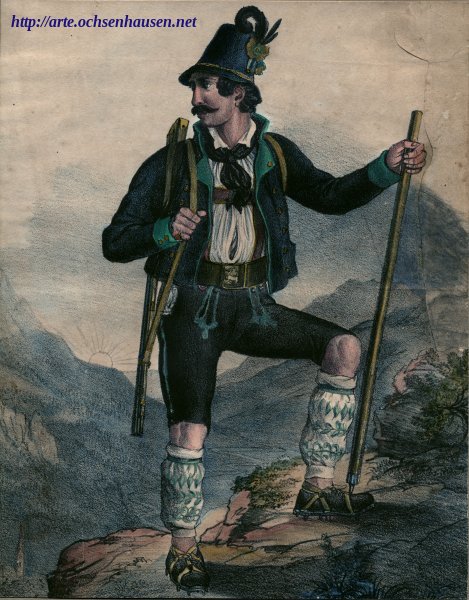 Antiquität: Jäger im Gebirge, kolorierte Bleistiftzeichnung