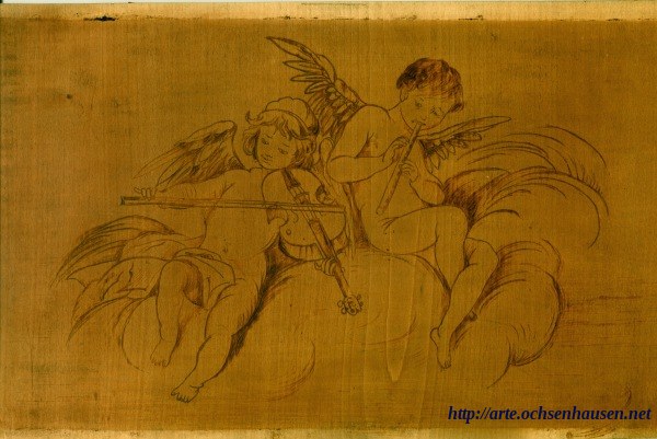 Antiquität Brandmalerei - Musizierende Engel